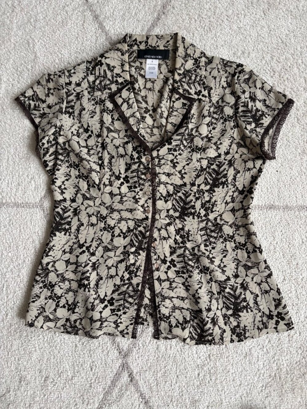 Jones New York 100% Silk Floral Sleeveless Blouse Beige Brown Lace Trim Size 6